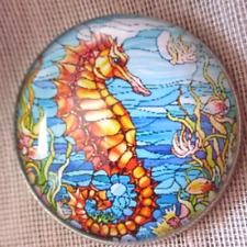 GLASS DOME STAINED GLASS PICTURE BUTTON -- LARGE SEAHORSE  30mm picture