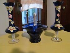 Vintage Bohemian Style Cobalt Blue Gold Gilded Hand Painted Vases w/ Basket picture