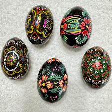 Vintage Lot of 5 Slavic Russian Ukrainian Handpainted Wooden Easter Eggs Black picture