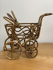 Vintage Folk Art Mini Doll Baby Carriage Buggy Stroller Bamboo Hand Made Basket picture