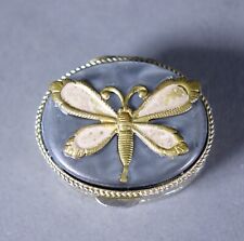 Small Vintage Oval Silver Trinket Box with Butterfly on Hinged Lid picture
