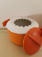 Vintage Belgian Enamel Cast Iron Fondue Pot Orange White 3 piece HTF  picture
