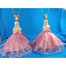 2 Vintage French Victorian  Boudoir Lady Pink Lace Dress Chalkware Lamps 1950s picture