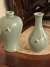 Asian vases with marking set of 2 Flying Cranes in Green. 6.5