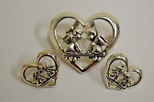 Nice Minty ANGELS Heart Shaped Silver Tone Religious Brooch Pin & Earrings Set picture