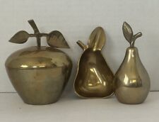 Vintage Brass Apple Dish W/ Lid, Pear Trinket Dish /Ashtray & Pear Bell Set Of 3 picture