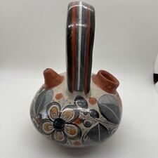 Tonala Burnished Pottery Water Jug Gray Orange Folk Art Prairie Flowers 8.5” picture