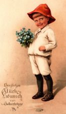 c1921 German Boy Smiling w/ Flowers HAPPY BIRTHDAY ANTIQUE Postcard picture