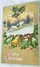 Antique Unmailed Christmas Postcard Bell Holly Winter Scene Embossed picture