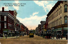FREMONT OHIO FRONT STREET LOOKING SOUTH FROM STATE STREET 1915 POSTCARD TROLLEY picture