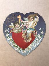 Valentine Card To The One I Love Poem Two Cupids/W Torch Heart Flowers Antique picture