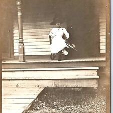 c1910s Lovely Woman Hat Umbrella RPPC Fancy House Carpentry Porch Woodwork A174 picture