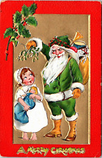 Tucks#501 Christmas Merry Green Robe Santa Spats Holly Mislestoe Bag Toys picture