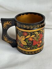 Vintage Russian Khokhloma Wooden Hand Painted Mug USSR Gold Strawberry Soviet picture