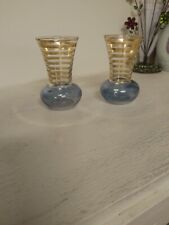 2 Vintage Small Glass Bud Vases with Multiple Gold Ring Tops picture