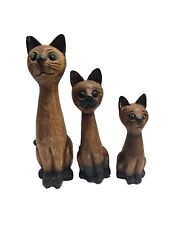 3 MCM Hand Carved Wooden Siamese Cats Made In THAILAND Kitties Vtg picture