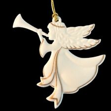 Wedgwood White Jasper Cherub Girl Angel Ornament with Horn Gold Details In Box picture