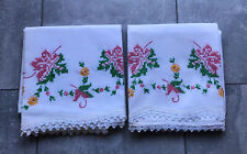 Embroidered 2 Pillowcases Set Cross-Stitched Pattern Crochet Lace Edge VTG picture