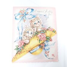 A Purrfect Birthday To You Kittens Cats Vintage Card Used USA Floral picture