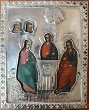 Antique Russian Orthodox Icon Holy Trinity w/Silver 84 Mark Riza/Oklad c.1800s picture