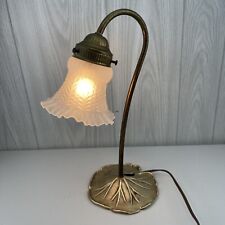 Vintage Brass Lily Pad Frosted Glass Tulip Shade Gooseneck Table Lamp 15
