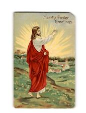 Antique Easter Postcard - Hearty Greetings, Jesus Christ, Mailed 1909, Vintage picture