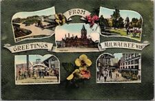 c1910s MILWAUKEE, Wisconsin Greetings Postcard Trolley, Steamer & Depot Views picture