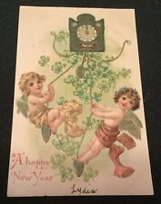 1908 Vintage Embossed New Year Postcard Angel Cherubs Swinging On Clock picture