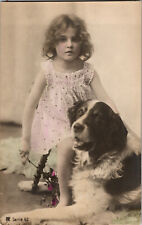Antique Dog Postcard Beautiful Little Girl with Dog - Hand Tinted - PM Serie 62 picture