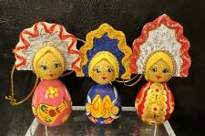 VTG Russian Hand Painted Dolls W/Kokoshnik Wood Ornaments Set Of 3 Christmas picture