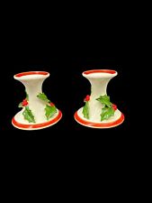 Vintage Pair Fitz & Floyd Candlestick Holders Christmas Holly & Berry Red Trim picture