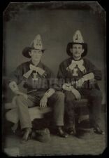 ANTIQUE TINTYPE PHOTO FIREMEN WEARING HOSE NO. 1 LEATHER HELMETS 1800s Fireman picture