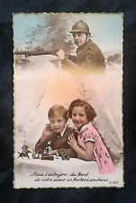 Antique COLORED FRENCH REAL PHOTO POSTCARD Kids WWI Soldier Gold Trim Words HTF picture