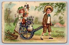 c1915 Happy Birthday Children Floral Wagon Nice Design ANTIQUE Germany Postcard picture