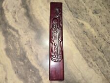 VTG WOODEN BOX RAISED RELIEF CARVED BUDDHA JAPANESE CHOP STICKS GOLD LETTTER picture