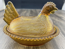 Vintage Indiana Amber Glass Chicken Hen on Beaded Nest Brown Candy Dish picture