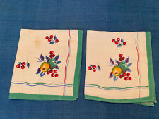 Vintage Pair Lot of 2 WHITE LINEN Printed NAPKINS Green Trim Cherries & Plums picture