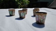 6 Vintage Brass Abalone Shell Inlay Mother Of Pearl Shot Glasses Taxco Mexico picture