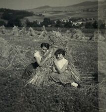Two Smiling Girls Sitting By Hay Stack B&W Photograph 2.5 x 2.5 picture