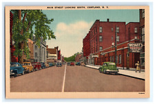 Vintage Postcard Street View Main Street Look South Cortland NY Old Cars Weyants picture