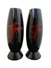 Pair of Vintage Black Lacquer Japanese Wooden Vase Red Bamboo Motif H8.75in W3in picture