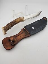 Vintage Deer Antler Single Edge Hunting Stag Knife W Leather Sheath Very Sharp.  picture