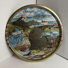 Vintage Michigan Metal Tin Platter Plate Tray State Map Souvenir 11” picture