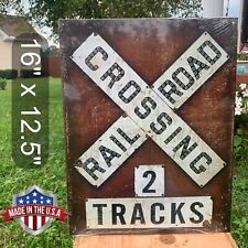 Railroad Crossing Two 2 Train Tracks Sign Tin Vintage Garage Bar Decor Old picture