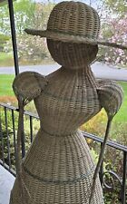 VTG Life-Size Wicker Garden Statue Girl Bonnet Basket Weave Sculpture 4.5' Feet picture