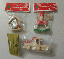 3 Vintage Wooden Christmas Ornaments, Rocking Horse With Girl, Manger, Train picture