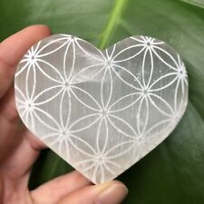 NEW Flower of Life SELENITE HEART Etched Palm Stone 3” by Fractalista Designs picture