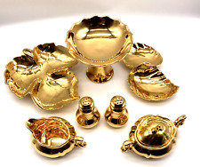 Gold Porcelain 7 Piece Sugar Creamer Salt Pepper Candy Condiment Dishes Signed picture