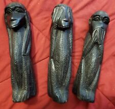 THREE Vintage Tall African-Style Ebony No Evil Monkey Figures 8” Tall picture