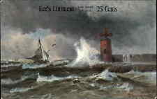 A/S Lee's Liniment Ad Boat on Stormy Seas Lighthouse c1910 Vintage Postcard picture